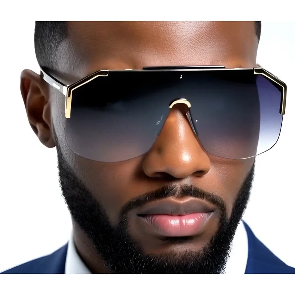 Shield Sunglasses Gold Accents Single‎ Black Lens Miami Beach Style Trendy Gafas